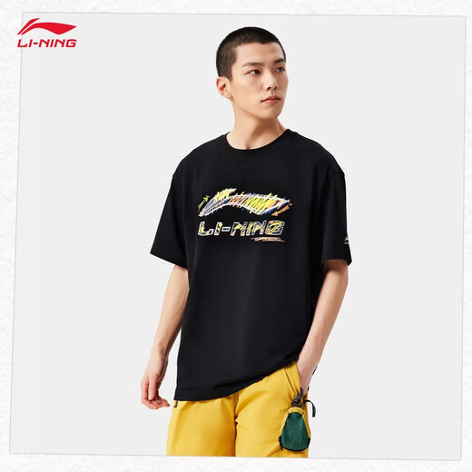 李宁（LI-NING）速干T恤丨抗菌凉爽圆领短袖T恤男子夏季户外印花休闲宽松运动上衣 黑色/黄色(AHSV829款)-4 S