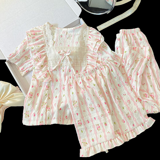 Sweet style children's pajamas for women three-piece summer 2025 new princess style short-sleeved girls striped home clothes 9708# princess collar three-piece set [short sleeves + shorts + trousers] 145 [Size] Height 145-155CM Weight 68