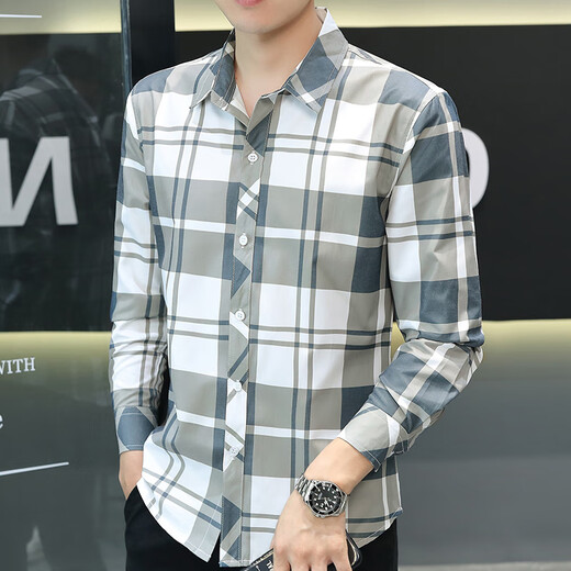 夏季新款冰丝长袖衬衫男格子休闲衬衣上衣服薄款防晒外套潮流寸衣 灰色 【长袖】719 M 90-104斤