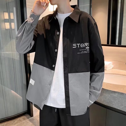 Shirt jacket men's 2025 new spring and summer style Hong Kong style trendy jacket casual loose long-sleeved jacket top 8025 black 2XL
