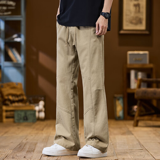 森马（Semir）春秋拼接工装休闲裤男士宽松微喇纯棉运动长裤子港风直筒裤 9871-卡其色 常规 M