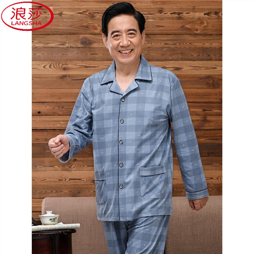LangSha (LangSha) popular men's pajamas middle-aged dad spring and autumn long-sleeved casual suit autumn cardigan cotton summer middle-aged and elderly people thin 838 M Recommended 90-110Jin [Jin equals 0.5 kg]