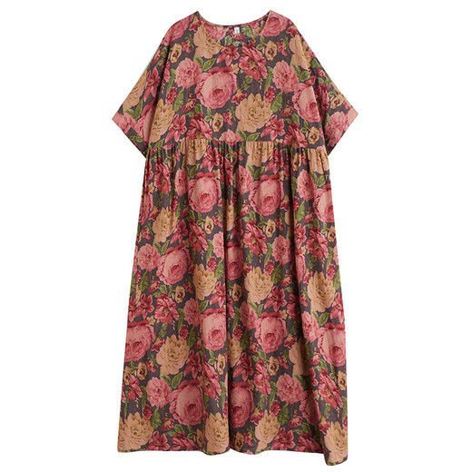Jiandang grande taille Vêtements pour femmes Fat MM printemps et été rond des fleurs littéraires Bohemian Style de vacances robe longue 16834 Fleurs roses uniques [200jin [Jin est égal à 0,5 kg] ci-dessous]