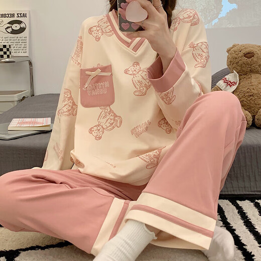 UNI QLO睡衣女春秋季纯棉韩版长袖长裤卡通套装可外穿夏秋冬款 无印良品GXT9928 M (建议7595斤)