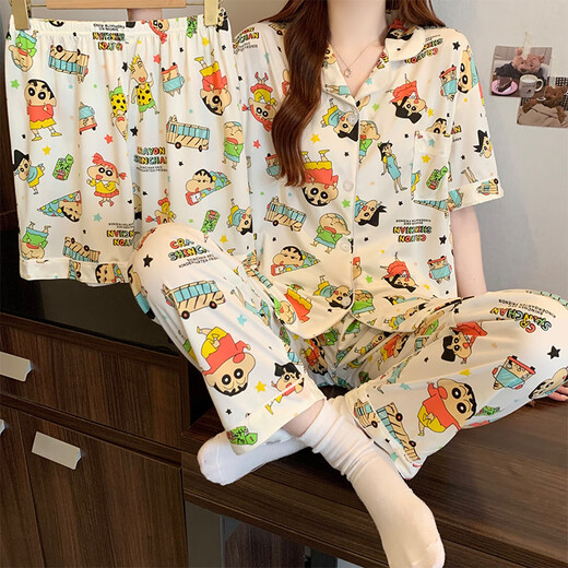 Ziweiqi niedliche Buntstift Shin-Shiba-Pyjamas Frauen dreiköpfige Spring-Strickjacken kurzärmelige Hose Kleidungsanzug Großhandel 14124 170 m Vorschläge 80-95