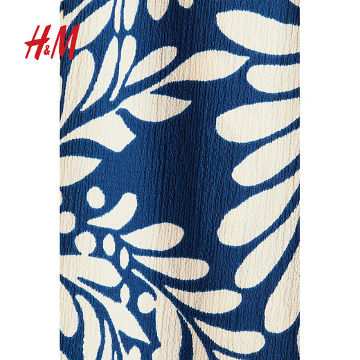 Pantalones casuales de mujeres H/M Summer Impreso Pantalones delgados de la cintura alta la cintura elástica Pantalones de pierna ancha recta 1216645 Patrón azul/crema XS 155/64