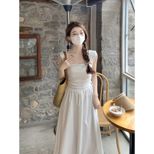 Vestido de chaleco sin mangas sin mangas de Muni, 2025 NUEVO Estilo Temperamento para mujeres Temperamento de la cintura y las vacaciones adelgazantes Vestblas largas de la falda del cuello cuadrado [blanco] L Tamaño [sugerido 111-120Jin [Jin iguala 0.5 kg]]]