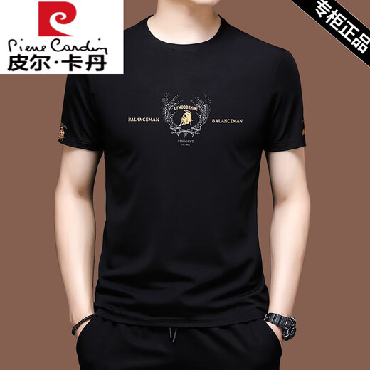 皮尔卡丹（pierre cardin）夏季短袖t恤男士冰丝半袖夏装卫衣丝光棉刺绣宽松中年上衣服T恤潮 X733黑色 M 165【建议100-120斤】