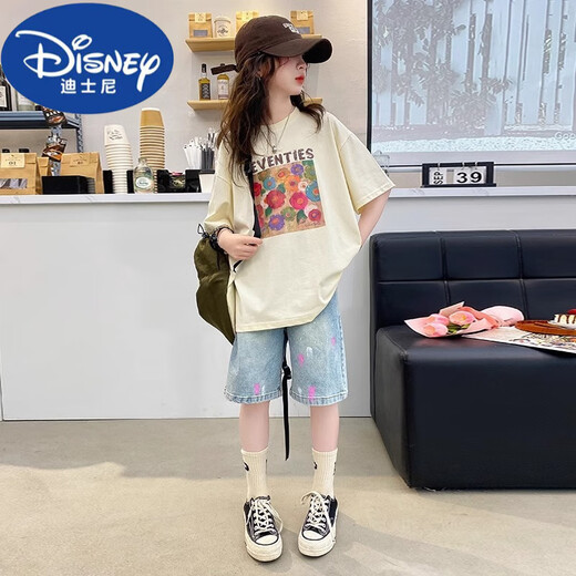 迪士尼（Disney）网红杏色涂鸦纯棉儿童t恤短袖夏季中大童宽松公主风潮流外穿上衣 3527杏色【纯棉T恤】 100 【建议体重24-30斤】