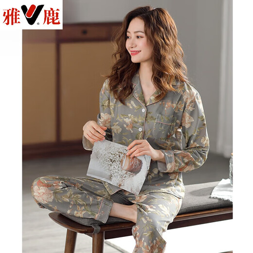 Pajamas Yalu pour les femmes au printemps et en automne en coton pur à manches longues automne-taille moyenne d'âge moyen de l'âge moyen printemps et à l'été des vêtements de maison minces C9272 poudre de haricot Cat XL (recommandé 120-140jin [Jin est égal à 0,5 kg]))