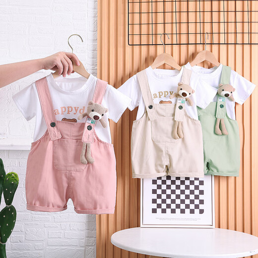 Disney (Disney) Girls Summer Anzug Set 2025 Neue Kinderbaby Kurzarm Overalls Mode Kleidung Zwei-teilige Set Trendy Pink Hz Bärenkopfband 73 cm