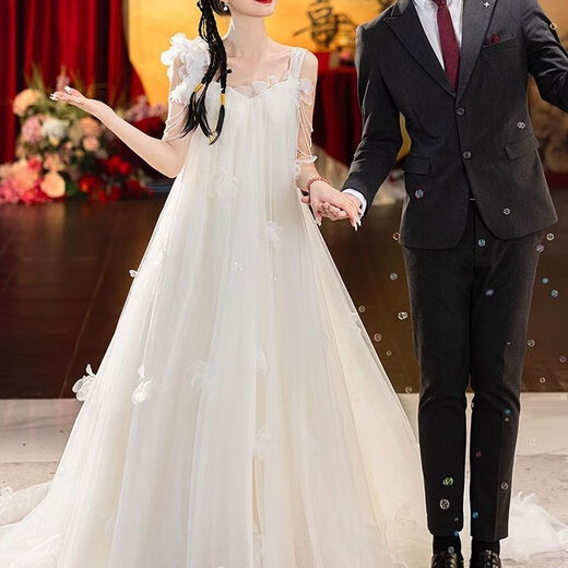 斯睿霖森系轻婚纱小众韩式超仙白色吊带晨袍新娘订婚结婚迎宾晚礼服 白色 S