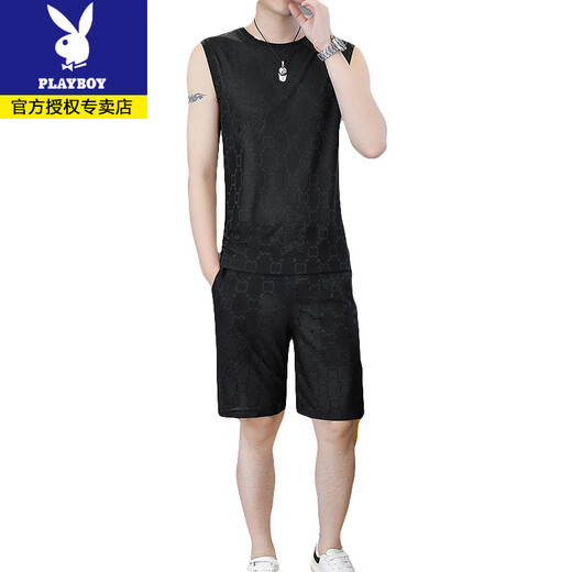 花花公子2025夏季新款男士冰丝提花背心套装加肥加大码宽松无袖T恤速干衣 【单件上衣】Q6629卡其 M 90-115斤