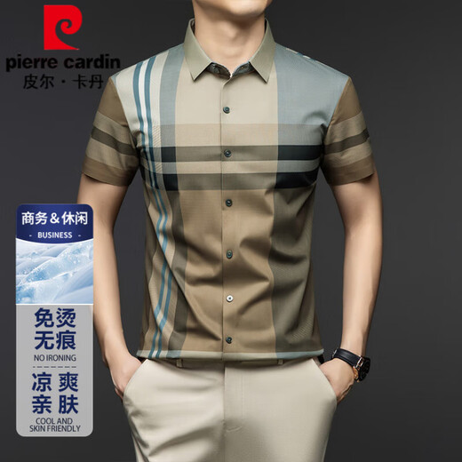 Pierre Cardin Business Casual Kurzärmel-Hemd Männer Sommer dünne Feste Farbe lässig Männer Eis Seiden markiert Plaidhemd Grün 11976 m