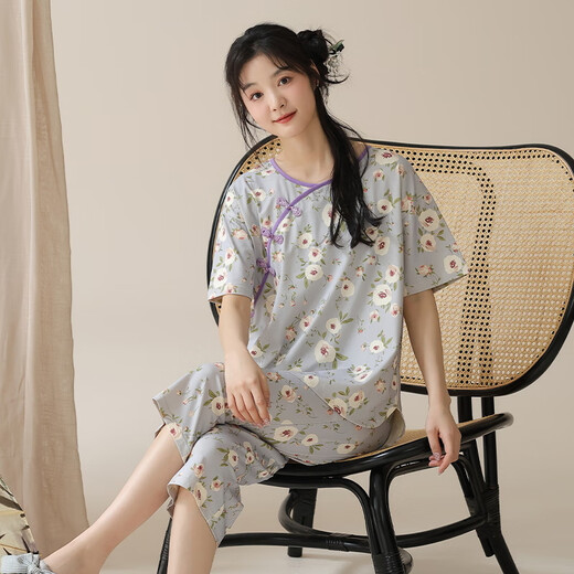 夏季女士短袖睡衣套装棉薄款新中式国风棉七分裤家居服可外穿休闲 LZY9909 M (建议75-95斤)
