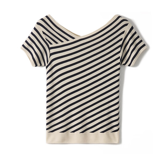 Pier Cardin French striped short-sleeved T-shirt for women in summer 2025 new loose slim v-neck thin knit sweater ice silk top DX829# striped color S recommended 85-99Jin [Jin equals 0.5 kg]
