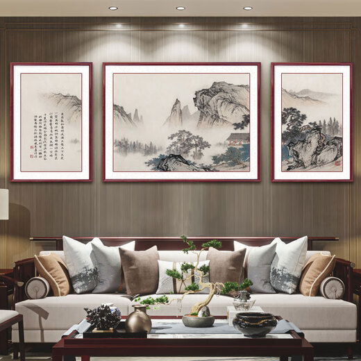 出写望云楼客厅装饰画沙发背景墙挂画国画山水画三联画办公室茶室壁画 759-07款 90*120左右60*90cm 实木框+油画布面
