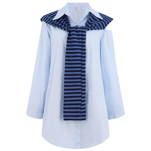 COLORFUL GEMS off-shoulder Polo neck dress Spring and autumn niche artistic short skirt 1047# blue S suggested 80-90Jin [Jin equals 0.5 kg]