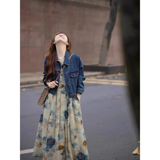 Luge Vest Robe Retro Tempérament littéraire Nouveau style chinois Spring and Summer Long Jirt Women's Clothing 2025 Nouveau Niche Design Sense Encre Painting Robe XL [suggéré 115-130jin [Jin est égal à 0,5 kg]]]