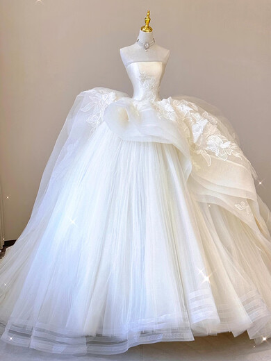 Slave style white tube top light wedding dress 2025 new bride high-end texture small tail high-end customized main yarn white tail wedding dress L