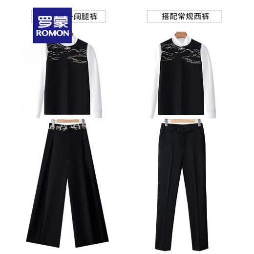 罗蒙（ROMON）国风新中式盘扣刺绣马甲套装男青年订婚领证礼服新郎西服 黑色西裤两件套 马甲+西裤+立衬衫 M