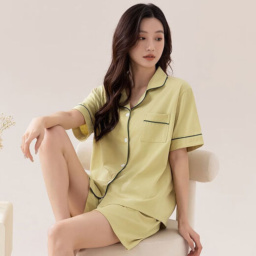 猫人（MiiOW）睡衣女夏季薄款100%纯棉短袖短裤全棉简约女士夏天家居服女 9902黑色100%纯棉 L [建议100-120斤]