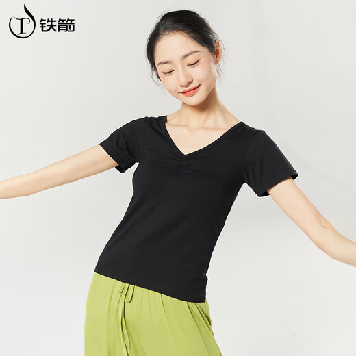 铁箭舞蹈服V领成人形体服上衣中国古典芭蕾舞练功服女 黑色短袖  L