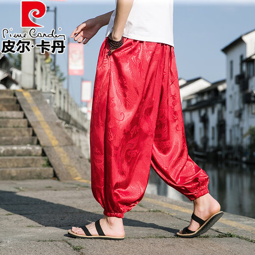 Pierre cardin ice silk casual pants men's summer pants thin loose bloomers Chinese style large size casual pants harem pants black 5XL (200)