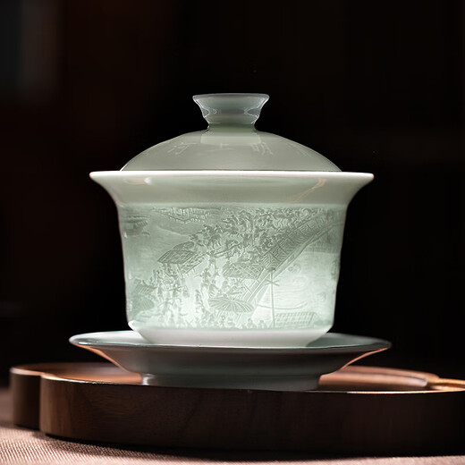 Gold inlaid jade teacher Huang Shouliang's handiwork Jingdezhen Shadow Celadon high-end Kung Fu tea set gift box Qingming Riverside Scene set