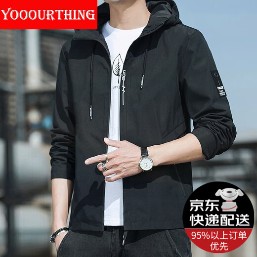 YOOOURTHING Men's Casual Jacket Youth Fashion Casual Hooded Jacket Men's Urban Light Outdoor Spring Autumn Winter Velvet Jacket Men