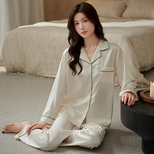 达芬奇密码2025睡衣女春秋夏季情侣装高级感红色冰雪丝家居服睡衣 681 （女款奶白） M 【推荐体重80-100斤】