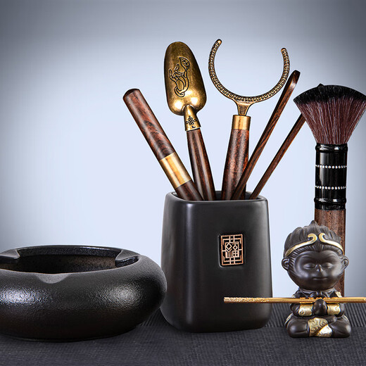 Puqi Black Pottery Sifang Laifu Tea Ceremony Six Gentlemen Round Ashtray Wukong Tea Pet Three-piece Set Tea Clamp Tea Spoon Pot Keeping Pen