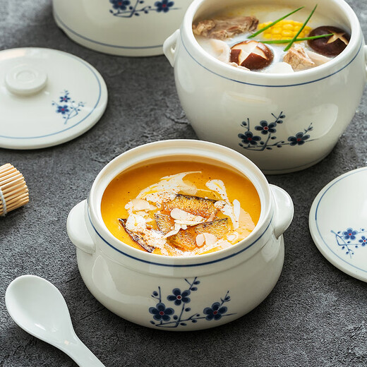 Household ceramic stew pot with lid, water-proof stew pot, crock pot, hotel restaurant special light luxury steaming pot soup bowl, plum blossom glaze medium flower paper 1 liter-Pangdundun