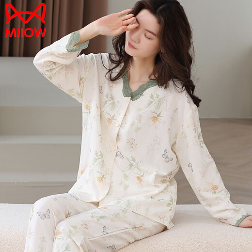 猫人（MiiOW）新款纯.棉睡衣女春秋季长袖无领开衫中青年女士全.棉家居服套装 SH14701 L （-120斤）
