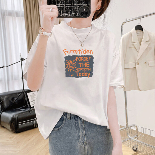 慧奴比纯棉百搭显瘦T恤女短袖2025新款夏季时尚时髦半高领打底上衣ins潮 白色1278-蓝 S 适合90-110斤