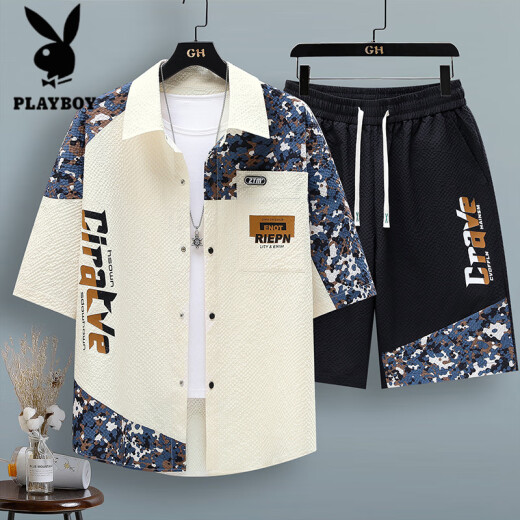 花花公子（PLAYBOY）泡泡纱冰感短袖衬衫男士夏季薄款速干凉感青少年拼色工装衬衣外套 旗舰官方精品】LH-TZ686套装黑色 XL