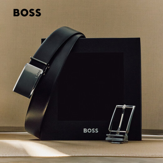 BOSS【父亲节礼物】男士2025夏季新款针扣加牌扣双面皮革腰带 002-黑色 EU:ONESI