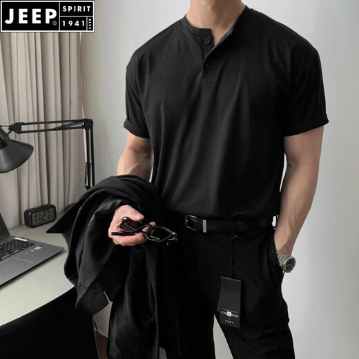 JEEP SPIRIT美式复古重磅短袖t恤男polo衫成熟稳重健身性张力穿搭硬汉亨利衫 绿色 2XL