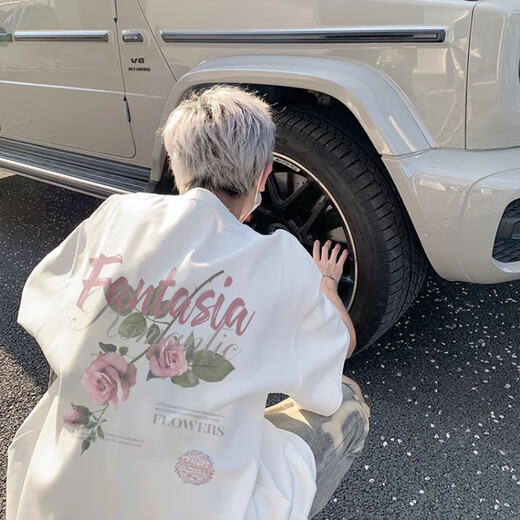 POUM American high street rose printed cotton short-sleeved T-shirt men's summer oversize retro trendy brand T-shirt clothes MSLWP-C829 white XL