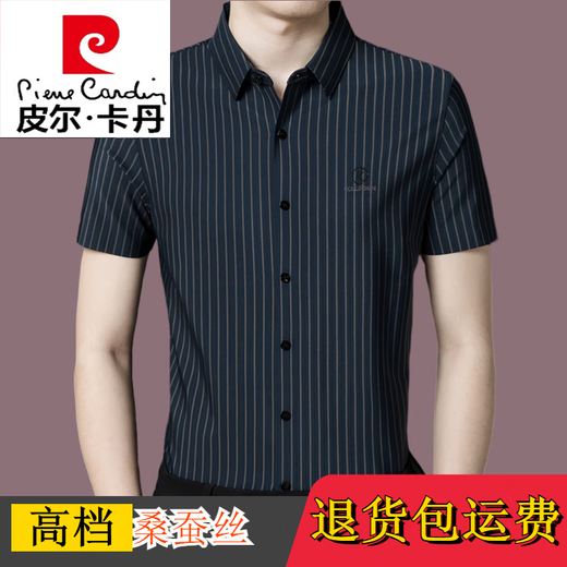 皮尔卡丹（pierre cardin）男士短袖衬衫夏季桑蚕丝中年商务休闲免烫条纹衬衣薄 9928浅兰【长袖】 3XL 185建议180-195斤