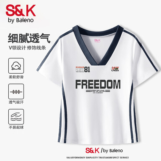 班尼路S&K系列复古辣妹V领撞色正肩短袖t恤女2025夏运动修身上衣 白-O834自由Z排版 XL