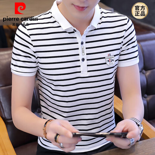 皮尔卡丹（pierre cardin）男士短袖t恤棉质修身时尚体恤棉质夏季 潮流条纹Polo衫新款夏装 W7029白色 M 90-105斤