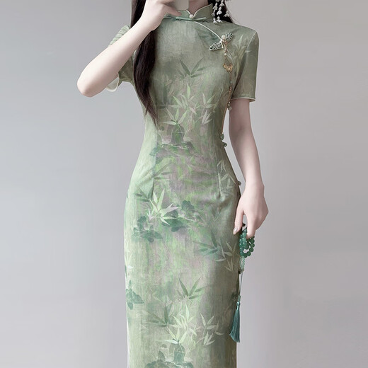 以欧（YIOU）复古旗袍年百搭夏季少女国风改良版新中式绿色送考高考连衣裙9713 图片色 2XL