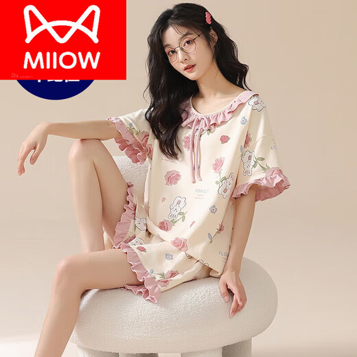 Catman (MiiOW) pajamas with breast pad for women in summer new cartoon internet celebrity pure cotton shorts suit sweet and can be worn outside home clothes CK-6173 M - chest pad