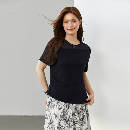 纤莉秀【设计感压褶圆领百搭莱赛尔T恤】大码女装胖mm2025夏新款1396 黑色 2XL