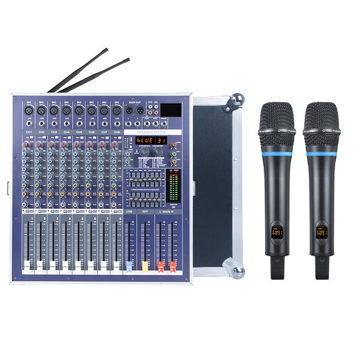 NXG professional mixer with power amplifier all-in-one high-power stage performance wedding with Bluetooth internal recording reverberation dual seven-segment balanced microphone flight box microphone with power amplifier mixer 8-way 2400W+2400W with rechargeable wireless microphone
