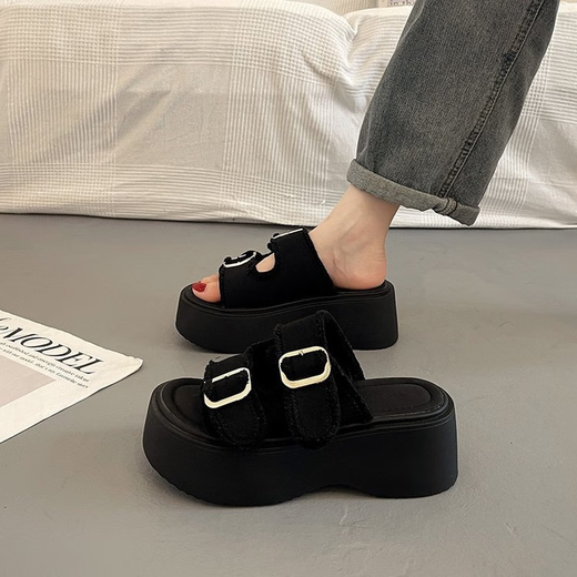 Belle-style super hot French thick-soled sandals for women in summer wear fashionable 2025 new niche outdoor beach shoes black 38