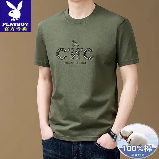 Playboy (Playboy) Ropa masculina para hombres Camiseta de manga corta de cuello redondo 100% puro para hombres y camiseta de medios mangas de manteos de tamaño transpirable para hombres de mediana edad.