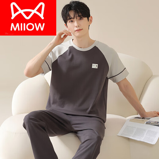 猫人（MiiOW）男士睡衣男款夏季纯棉短袖长裤薄款夏天青少年家居服套装 F 13603 L