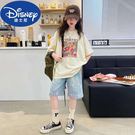迪士尼（Disney）网红杏色涂鸦纯棉儿童t恤短袖夏季中大童宽松公主风潮流外穿上衣 3527杏色【纯棉T恤】 100 【建议体重24-30斤】
